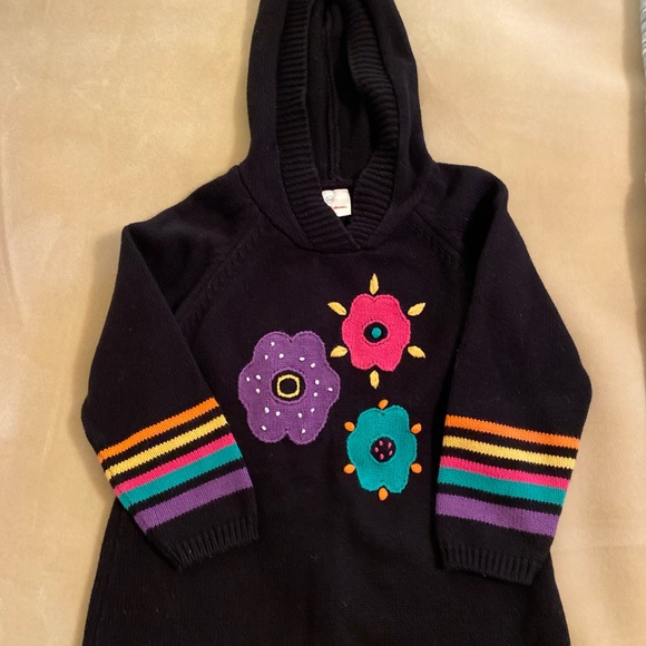 Hanna Andersson black sweater w/bright color flowers & stripes and hood - Picture 7 of 8